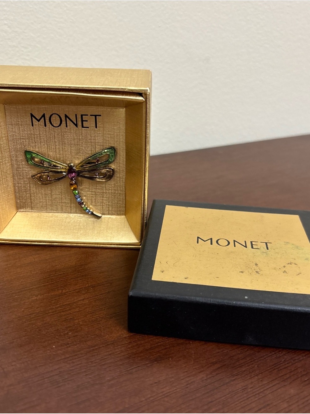 Vintage MONET Gold Tone Enamel Rhinestone Dragonfly Brooch With Box